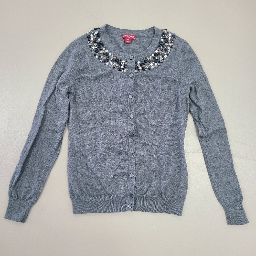 Gray bejeweled button up sweater